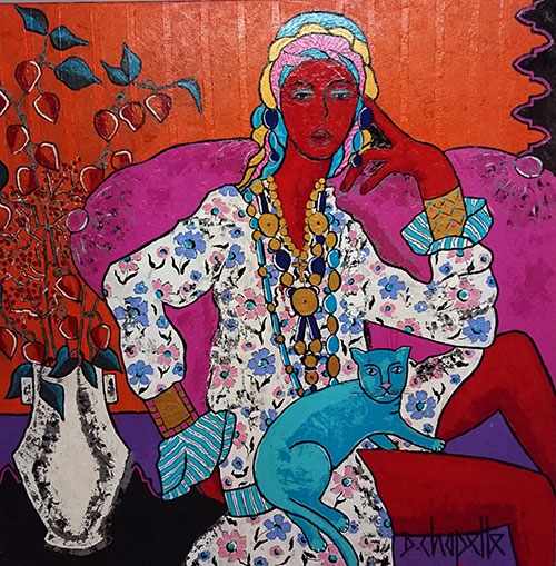 Femme au turban et cages d'amour 100 x 100